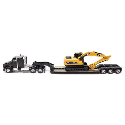 Model of a Black Kenworth T880 w/XL Specialized Trailers XL120 Low-Profile HDG Lowboy Trailer a Yellow CAT 320D L Hydraulic Excavator Load on a White Background