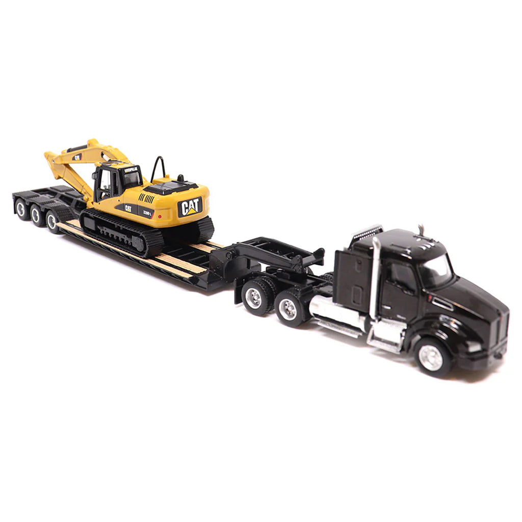 Model of a Black Kenworth T880 w/XL Specialized Trailers XL120 Low-Profile HDG Lowboy Trailer a Yellow CAT 320D L Hydraulic Excavator Load on a White Background