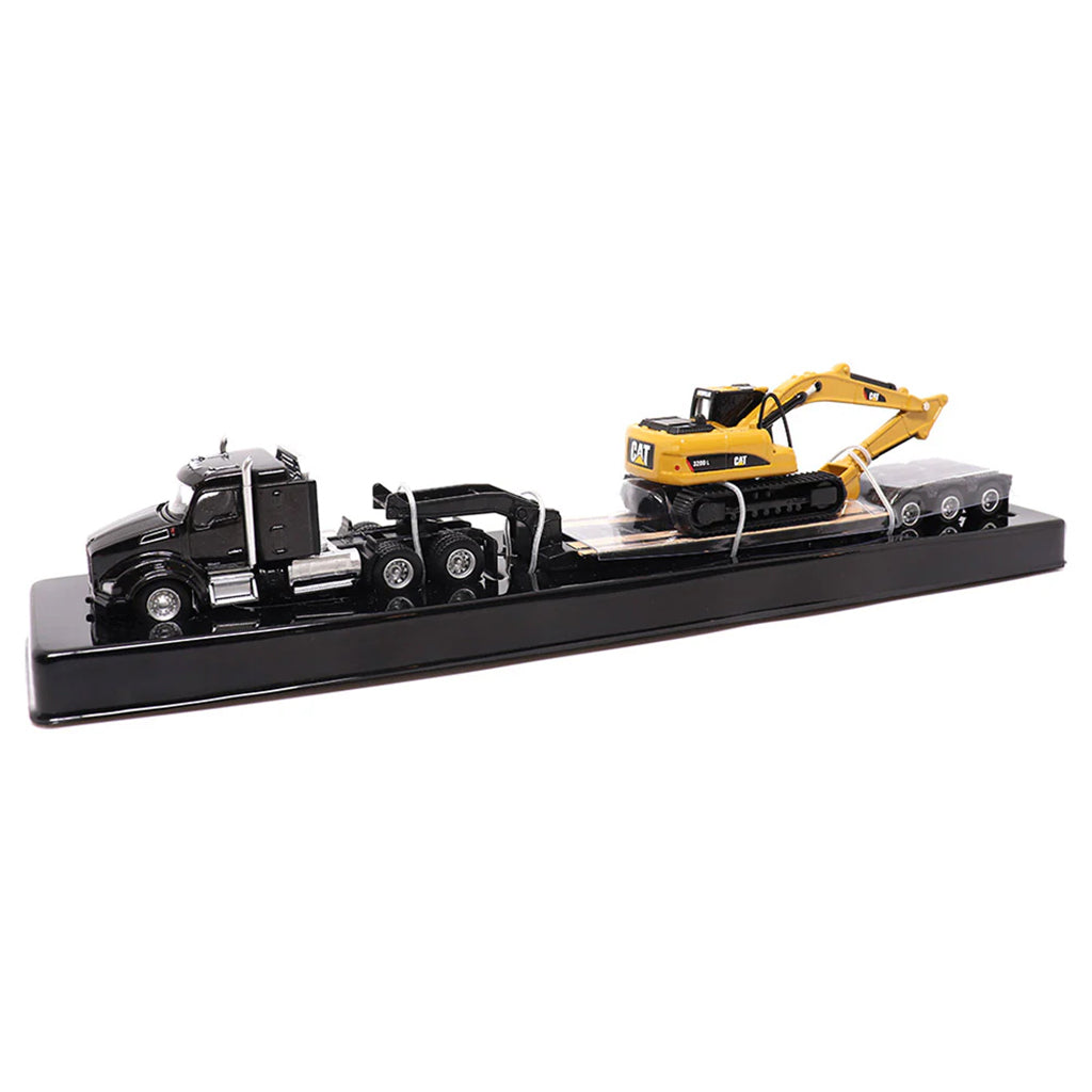 Model of a Black Kenworth T880 w/XL Specialized Trailers XL120 Low-Profile HDG Lowboy Trailer a Yellow CAT 320D L Hydraulic Excavator Load on a White Background