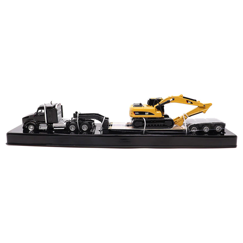 Model of a Black Kenworth T880 w/XL Specialized Trailers XL120 Low-Profile HDG Lowboy Trailer a Yellow CAT 320D L Hydraulic Excavator Load on a White Background