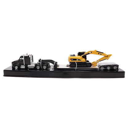 Model of a Black Kenworth T880 w/XL Specialized Trailers XL120 Low-Profile HDG Lowboy Trailer a Yellow CAT 320D L Hydraulic Excavator Load on a White Background
