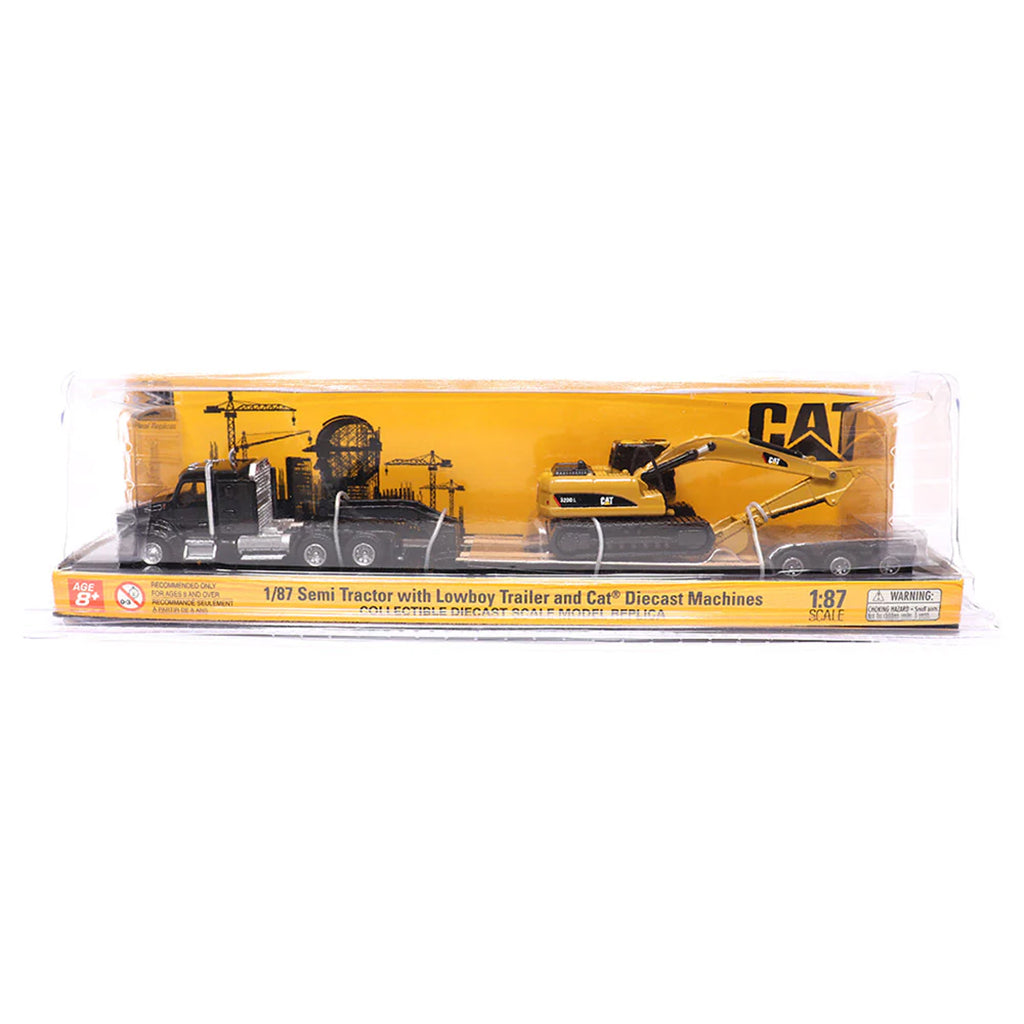 Cat toy semi tractor with lowboy trailer and diecast machines in packaging on a white background