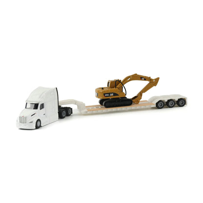 Model of a White Peterbilt 579 Ultraloft Pulling a XL Specialized Trailers XL120 Low-Profile HDG Lowboy Trailer with a CAT 315C L Hydraulic Excavator Load on a White Background