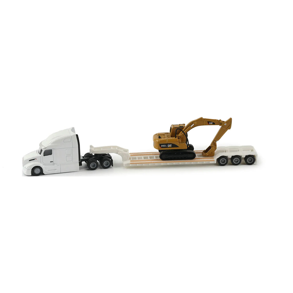 Model of a White Peterbilt 579 Ultraloft Pulling a XL Specialized Trailers XL120 Low-Profile HDG Lowboy Trailer with a CAT 315C L Hydraulic Excavator Load on a White Background