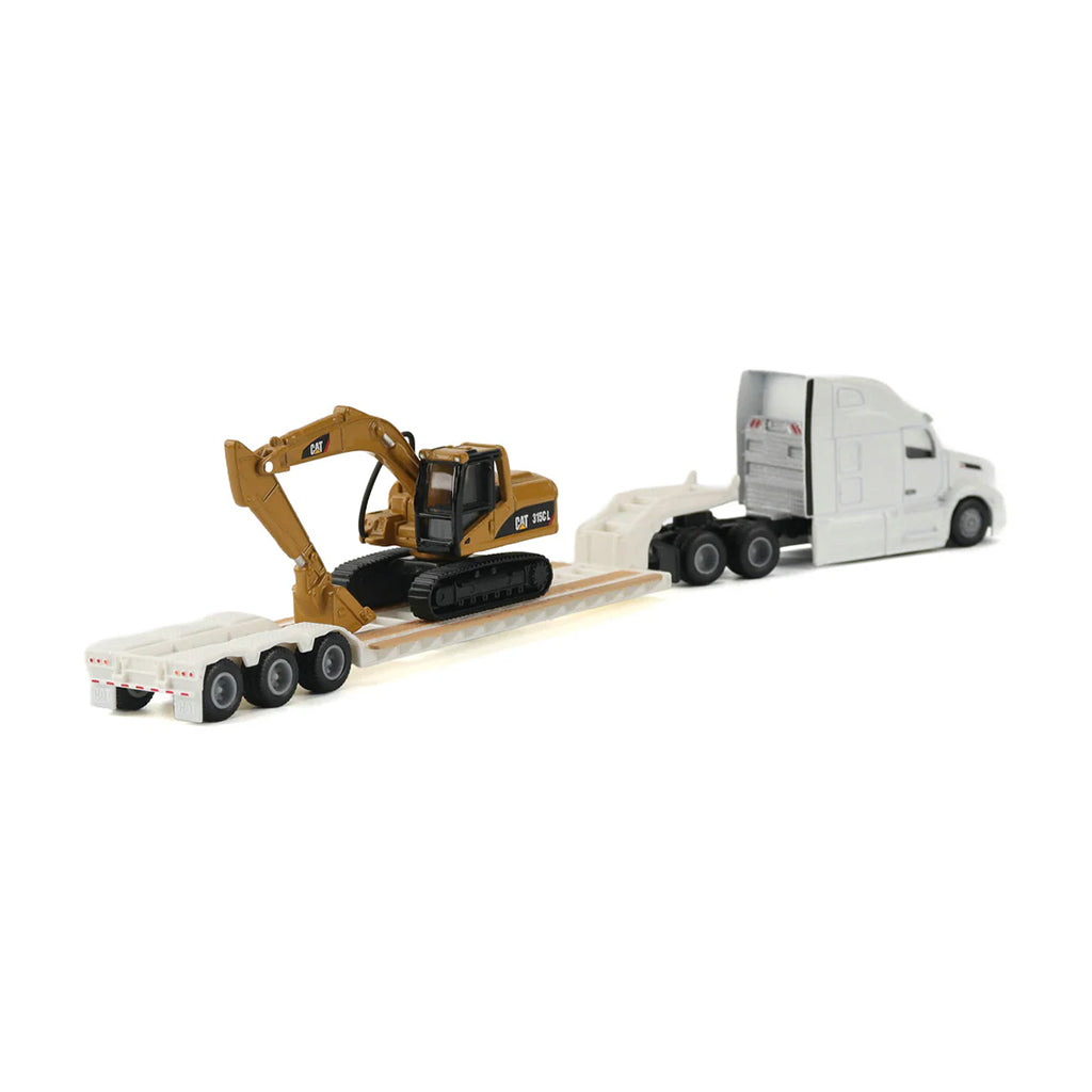 Model of a White Peterbilt 579 Ultraloft Pulling a XL Specialized Trailers XL120 Low-Profile HDG Lowboy Trailer with a CAT 315C L Hydraulic Excavator Load on a White Background