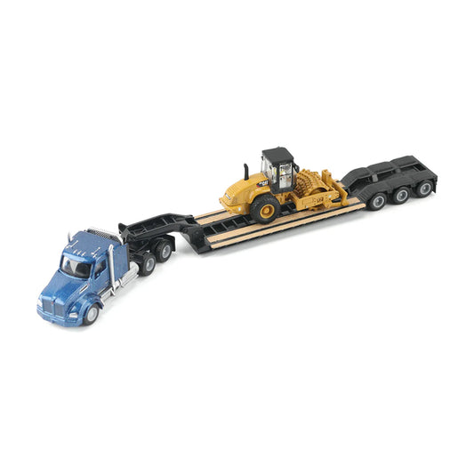 Model of a blue Kenworth T880 hauling a XL Specialized Trailers XL120 Low-Profile HDG Lowboy Trailer with a CAT CP56 Padfoot Drum Vibratory Soil Compactor w/Enclosed Cab for a load on a white background