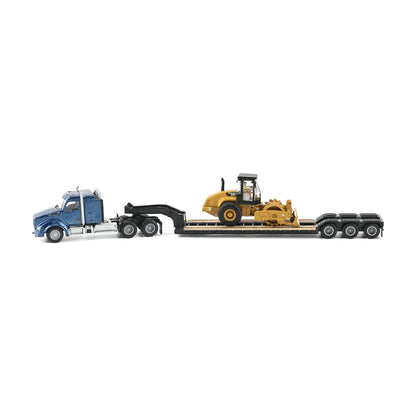 Model of a blue Kenworth T880 hauling a XL Specialized Trailers XL120 Low-Profile HDG Lowboy Trailer with a CAT CP56 Padfoot Drum Vibratory Soil Compactor w/Enclosed Cab for a load on a white background