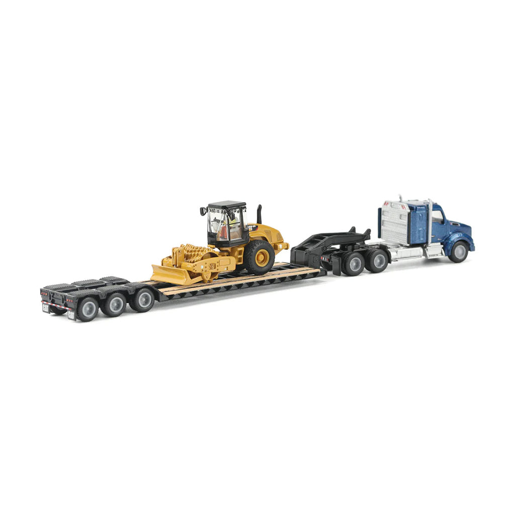 Model of a blue Kenworth T880 hauling a XL Specialized Trailers XL120 Low-Profile HDG Lowboy Trailer with a CAT CP56 Padfoot Drum Vibratory Soil Compactor w/Enclosed Cab for a load on a white background