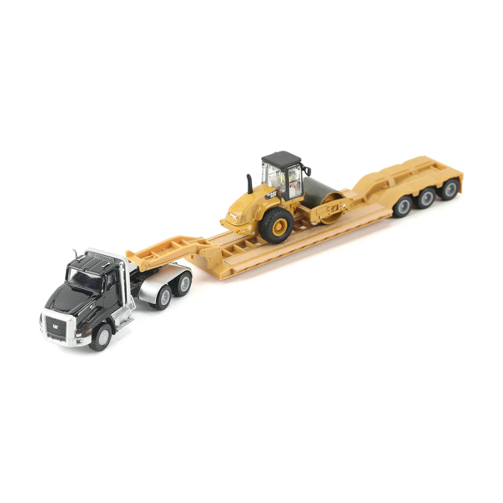 Model of a Black Caterpillar CT660 Day Cab hauling a XL Specialized Trailers XL120 Low-Profile HDG Lowboy Trailer  with a CAT CS56 Smooth Drum Vibratory Soil Compactor w/Enclosed Cab load on a white background