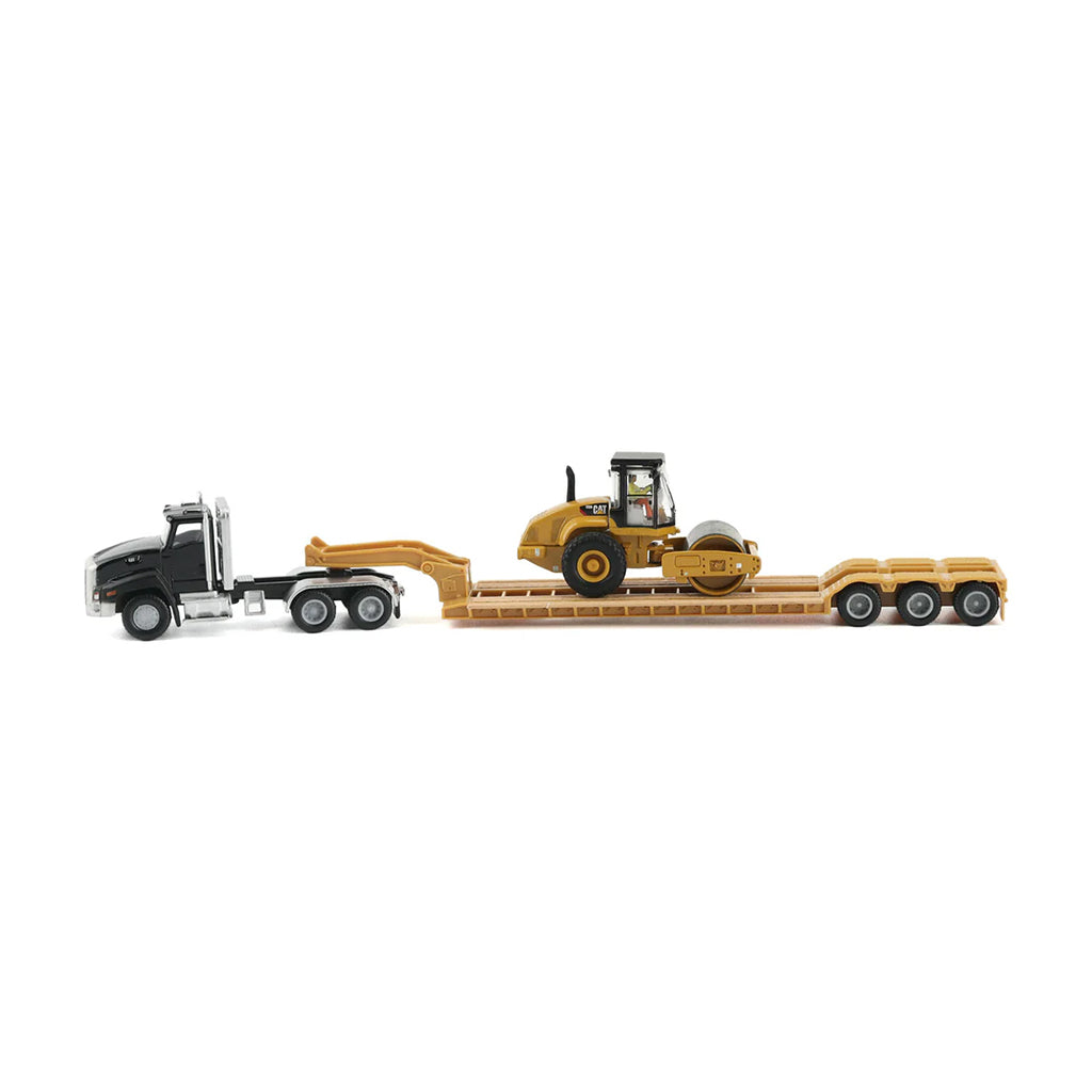 Model of a Black Caterpillar CT660 Day Cab hauling a XL Specialized Trailers XL120 Low-Profile HDG Lowboy Trailer  with a CAT CS56 Smooth Drum Vibratory Soil Compactor w/Enclosed Cab load on a white background