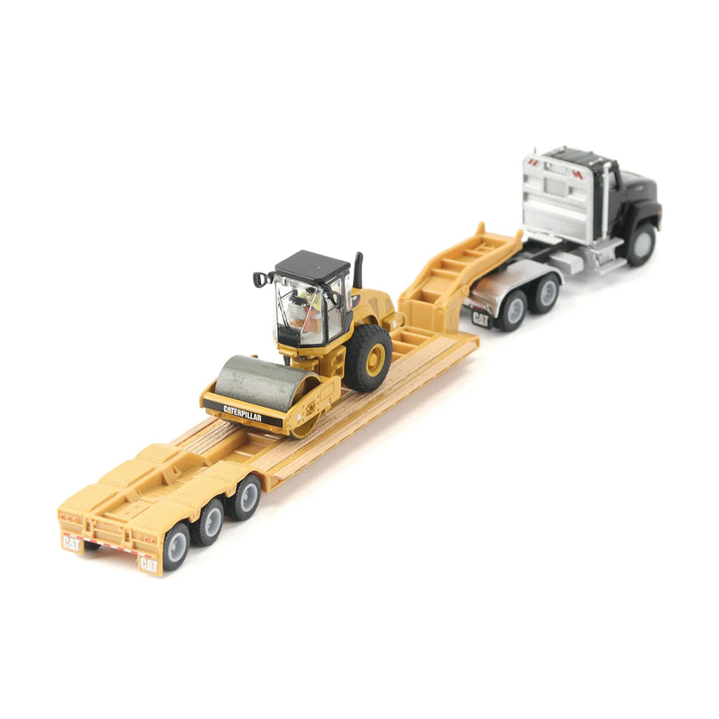 Model of a Black Caterpillar CT660 Day Cab hauling a XL Specialized Trailers XL120 Low-Profile HDG Lowboy Trailer  with a CAT CS56 Smooth Drum Vibratory Soil Compactor w/Enclosed Cab load on a white background