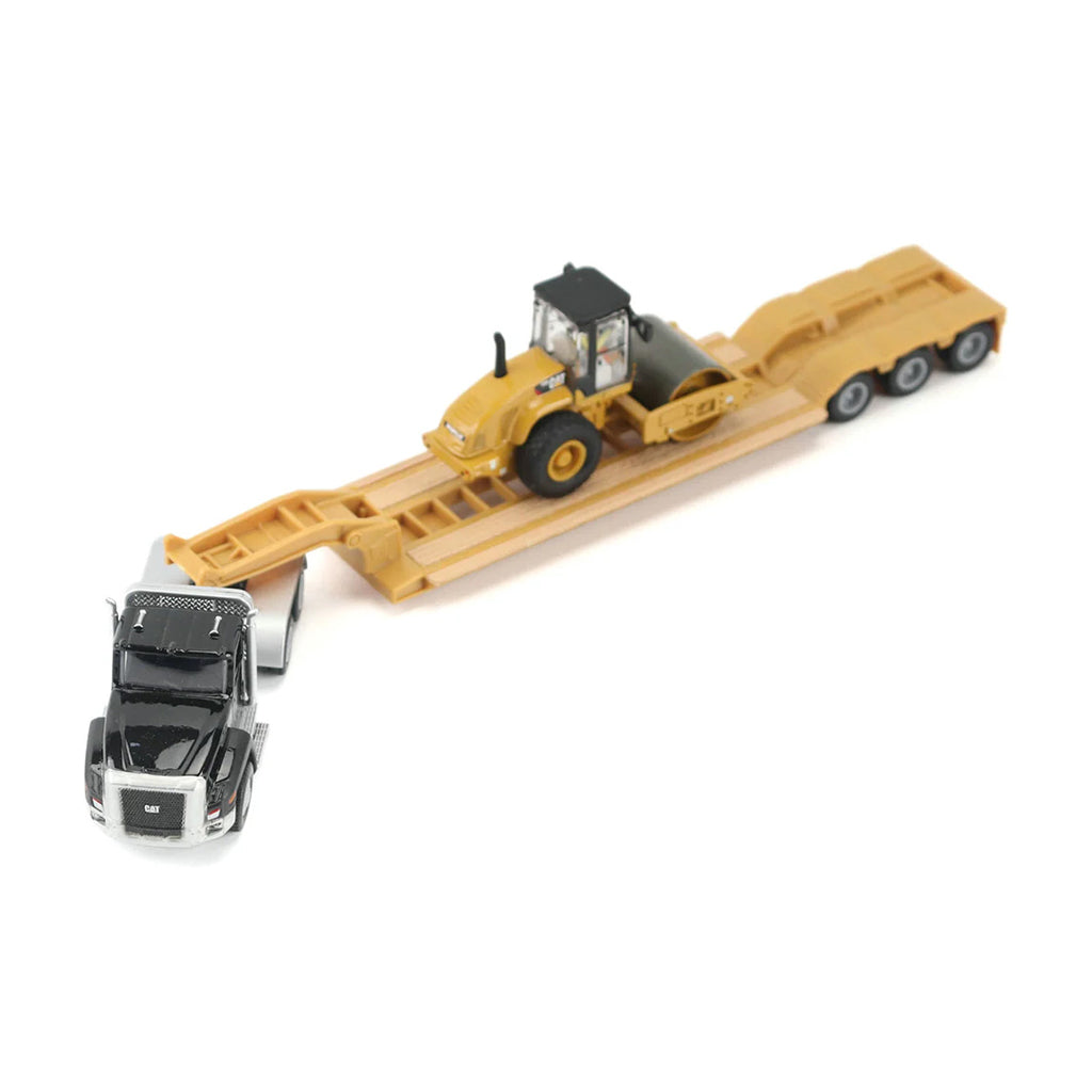 Model of a Black Caterpillar CT660 Day Cab hauling a XL Specialized Trailers XL120 Low-Profile HDG Lowboy Trailer  with a CAT CS56 Smooth Drum Vibratory Soil Compactor w/Enclosed Cab load on a white background
