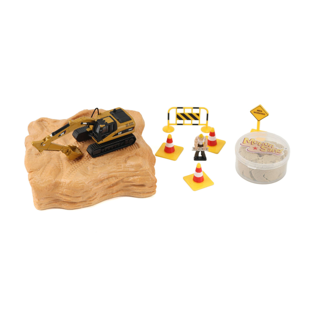 Tiny Scale Model Caterpillar 320D Excavator Playset with Construction Site Shaped Base Plate, Barricade, Traffic Cones, Men Working Traffic Sign, and Cup of Play Sand on a White Background