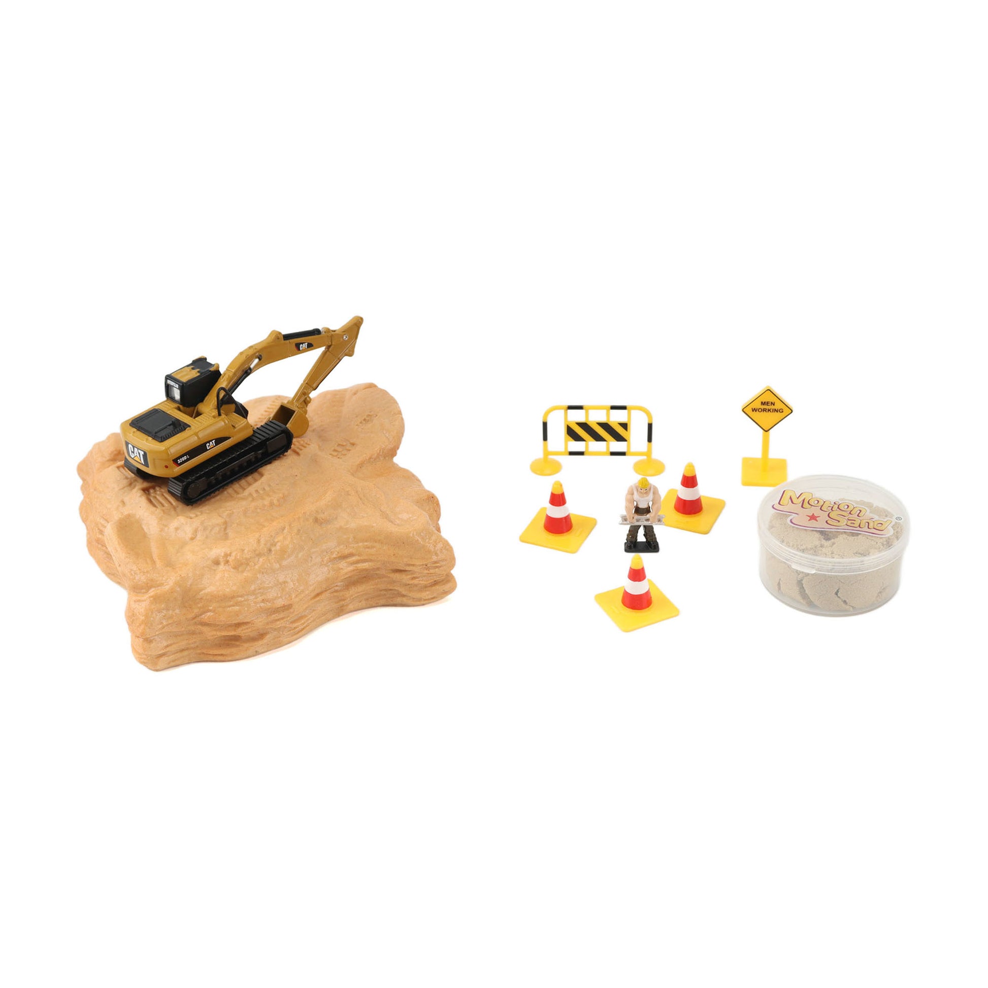 Tiny Scale Model Caterpillar 320D Excavator Playset with Construction Site Shaped Base Plate, Barricade, Traffic Cones, Men Working Traffic Sign, and Cup of Play Sand on a White Background