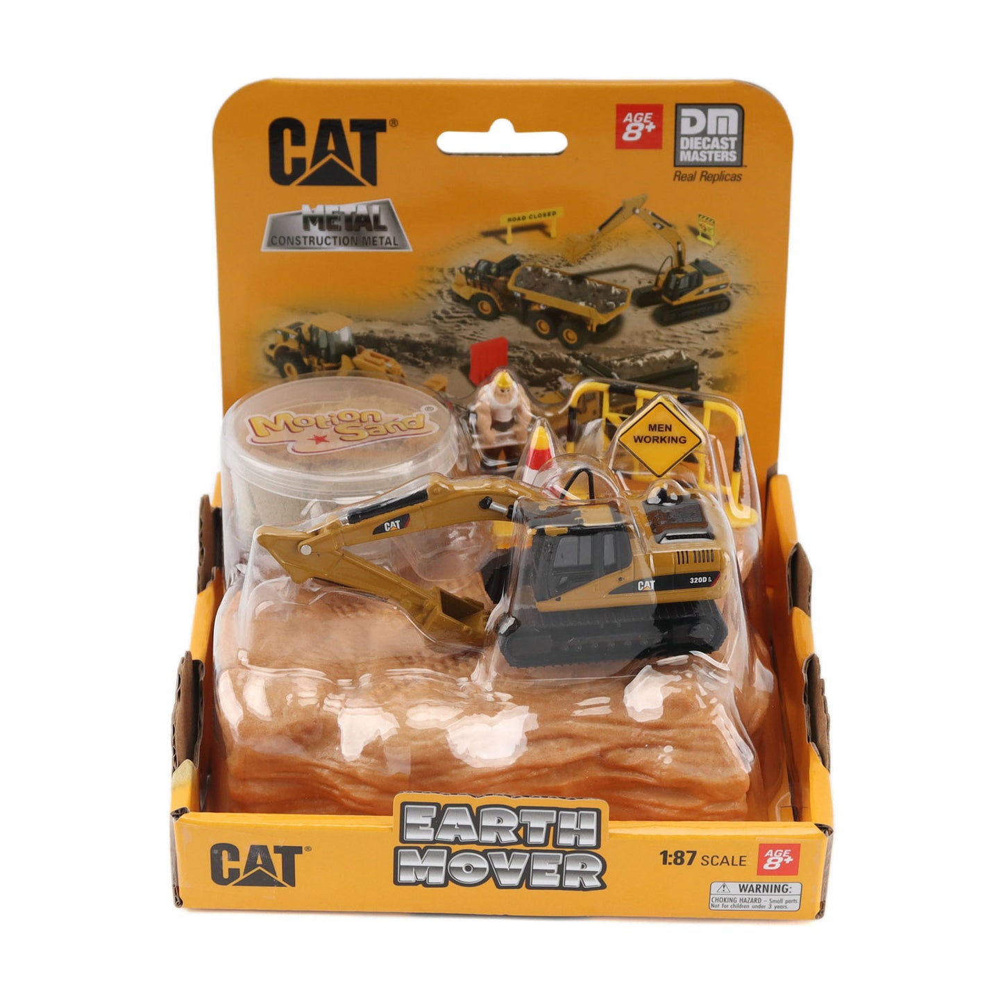 CAT Metal Earth Mover toy set in its original retail packaging, featuring a 1:87 scale metal excavator, a small construction worker figure, and a plastic container of 'Mushroom' brand play dough on a white background.