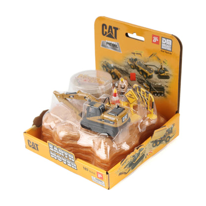 CAT Earth Mover toy construction vehicle in its original yellow and orange retail packaging, featuring a yellow and black excavator with small construction figures inside a clear blister pack.