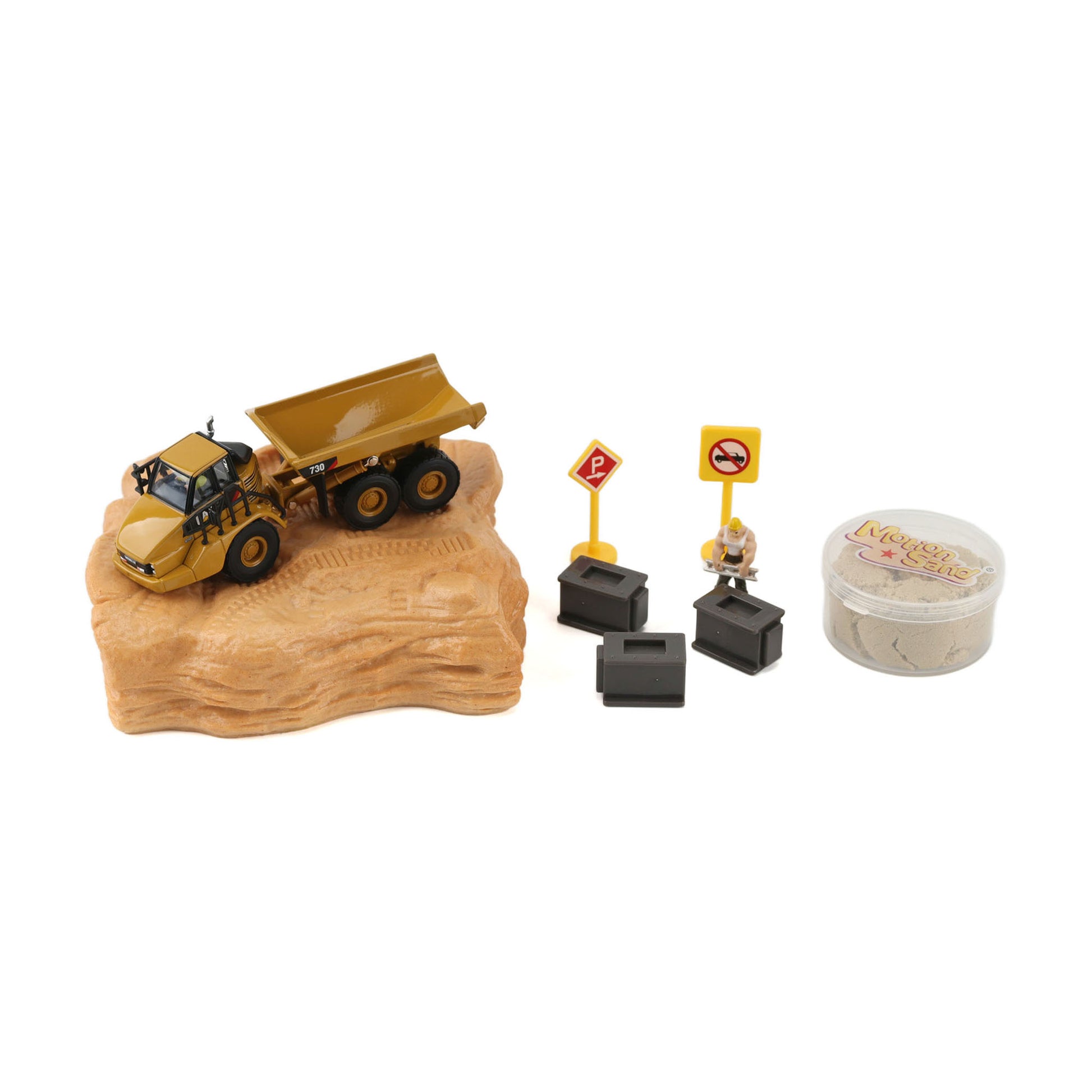 Toy dump truck with accessories on a white background