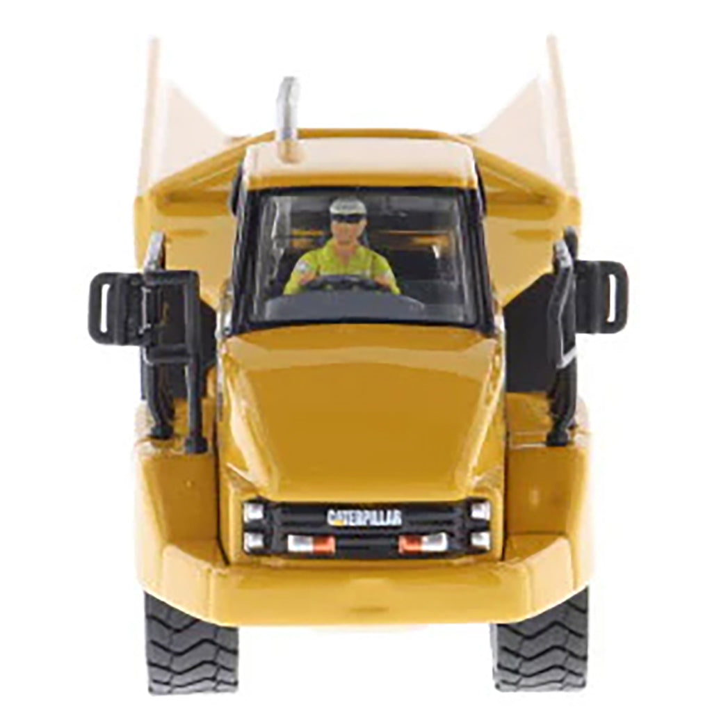 1:87 Scale Diecast and Plastic Model of a Yellow Caterpillar 730 Articulated Dump Truck on a White Background