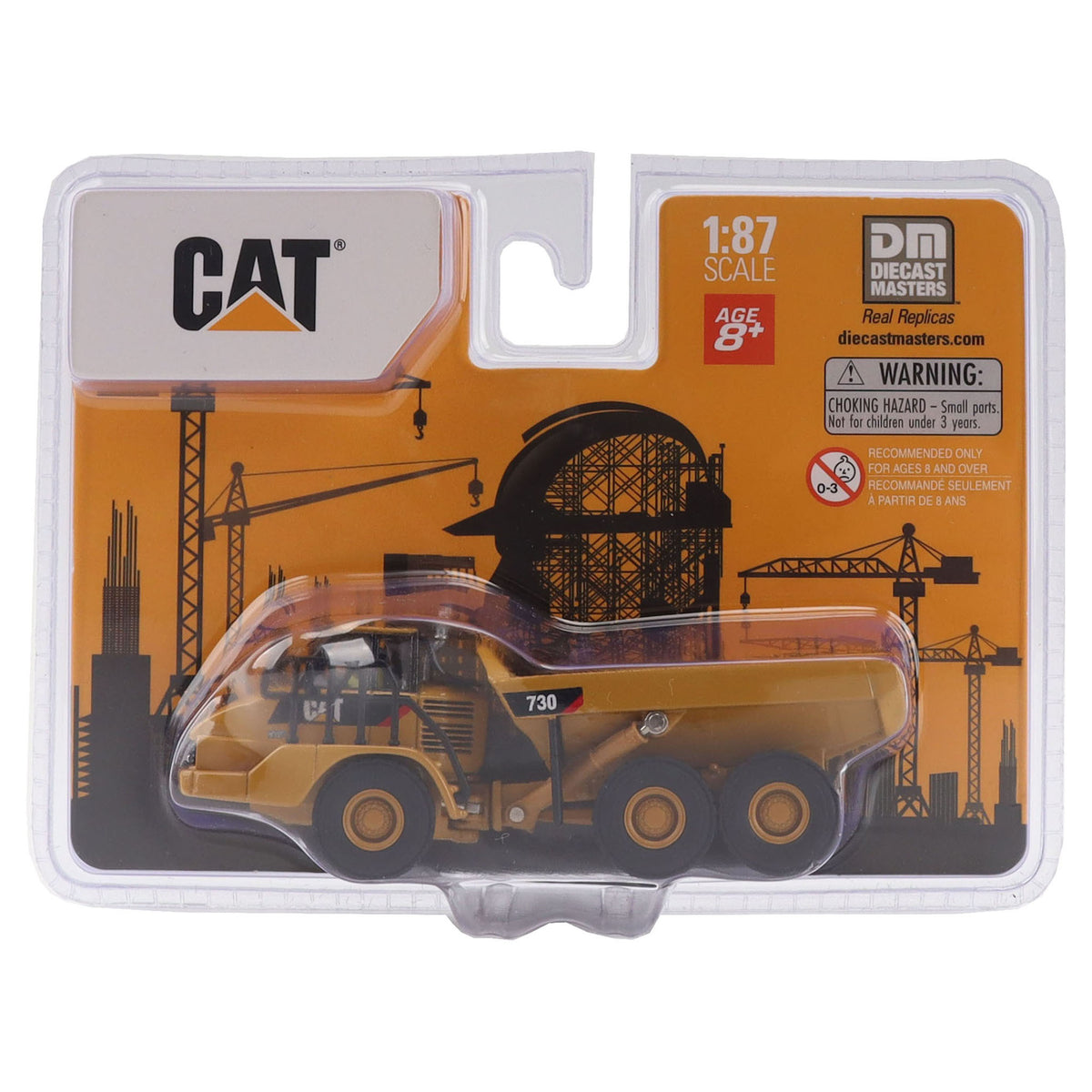 1:87 Scale Diecast and Plastic Model of a Yellow Caterpillar 730 Articulated Dump Truck on a White Background