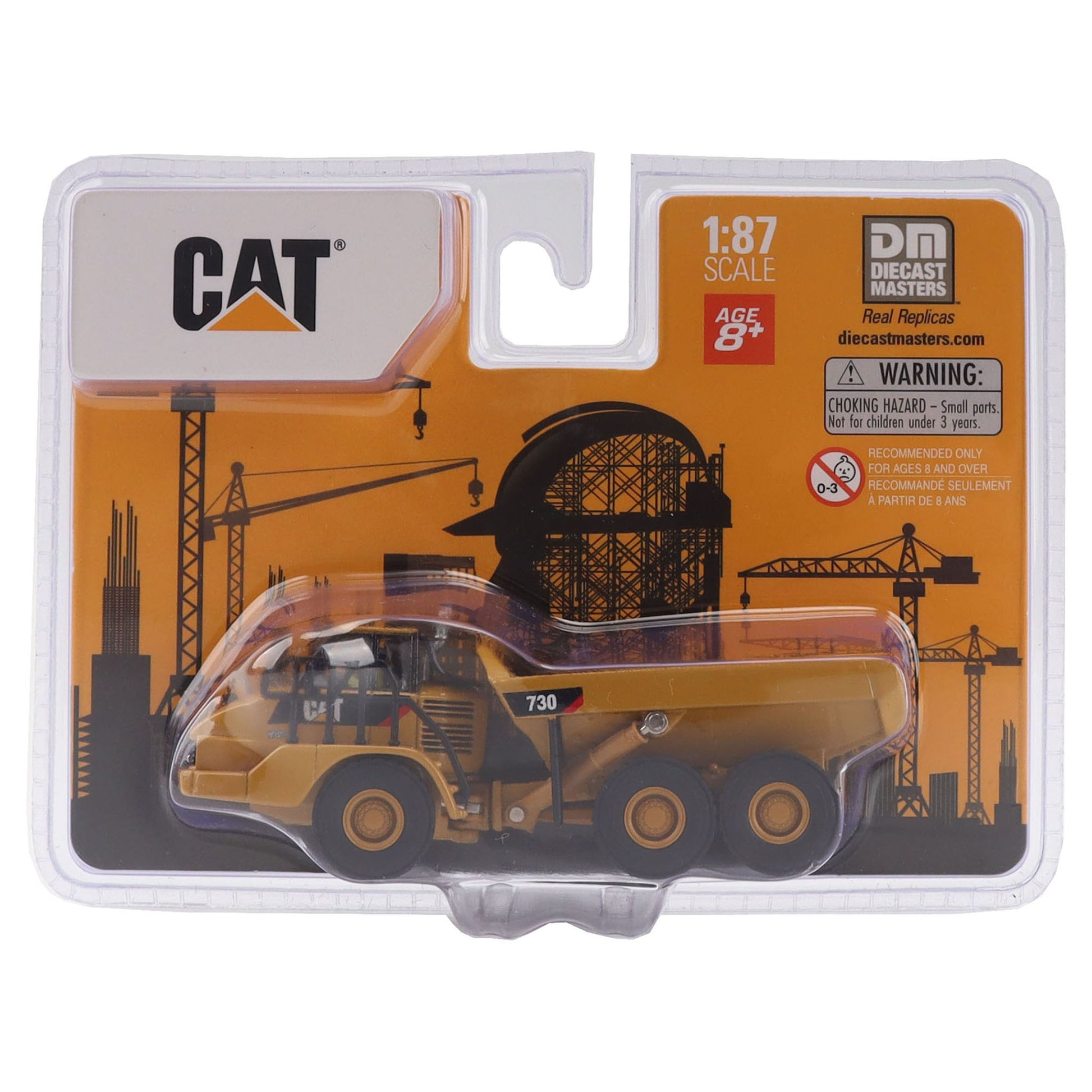 1:87 Scale Diecast and Plastic Model of a Yellow Caterpillar 730 Articulated Dump Truck on a White Background