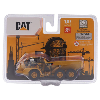 1:87 Scale Diecast and Plastic Model of a Yellow Caterpillar 730 Articulated Dump Truck on a White Background