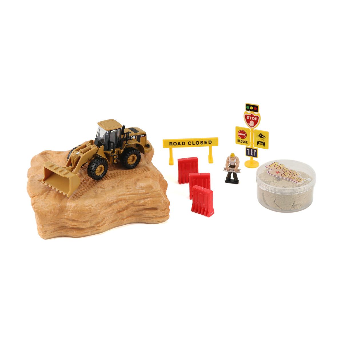 Toy wheel loader on a rock with construction accessories on a white background