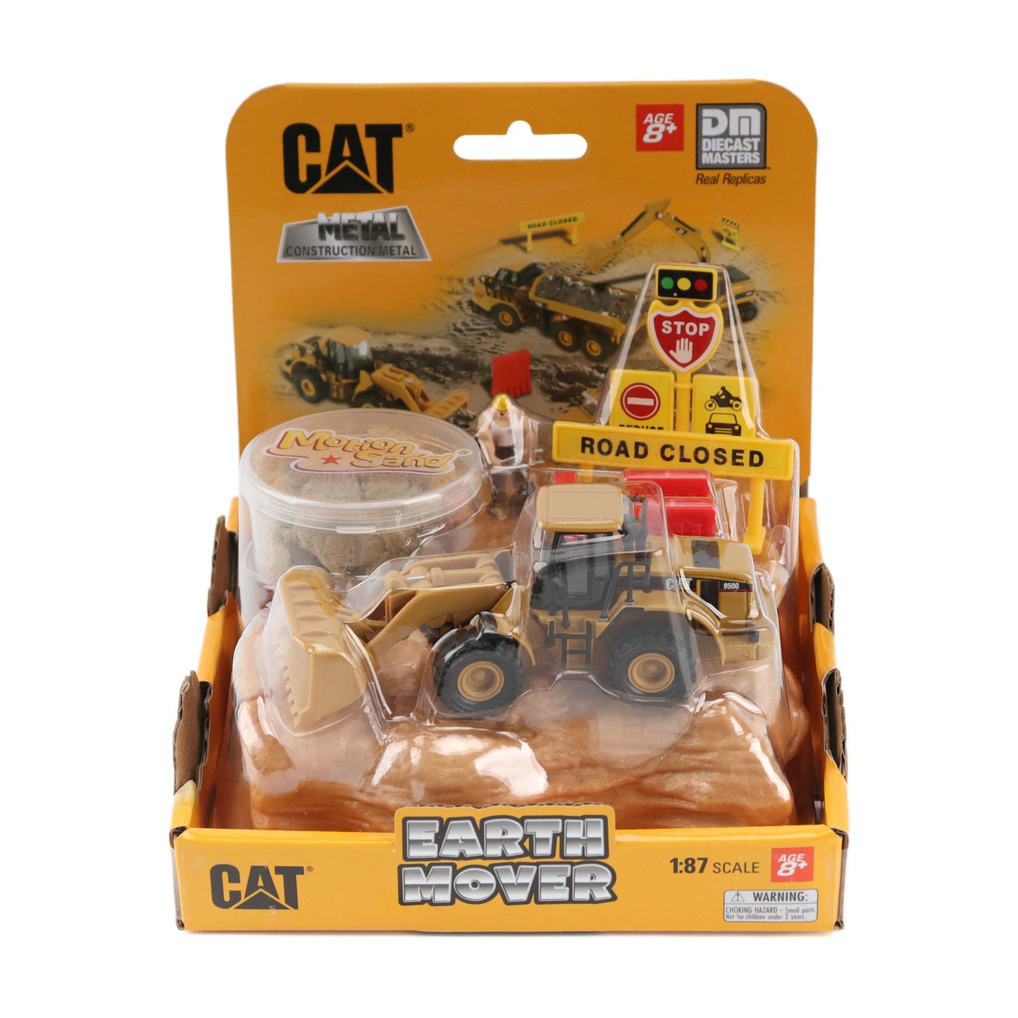 CAT Metal Construction Earth Mover toy in its original retail packaging, featuring a 1/87 scale metal model of a yellow and black wheel loader with a clear storage container.