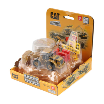 CAT Earth Mover toy set in its original retail packaging, featuring a 1/87 scale metal model loader with accessories like a bucket and road closure sign, on a white background.