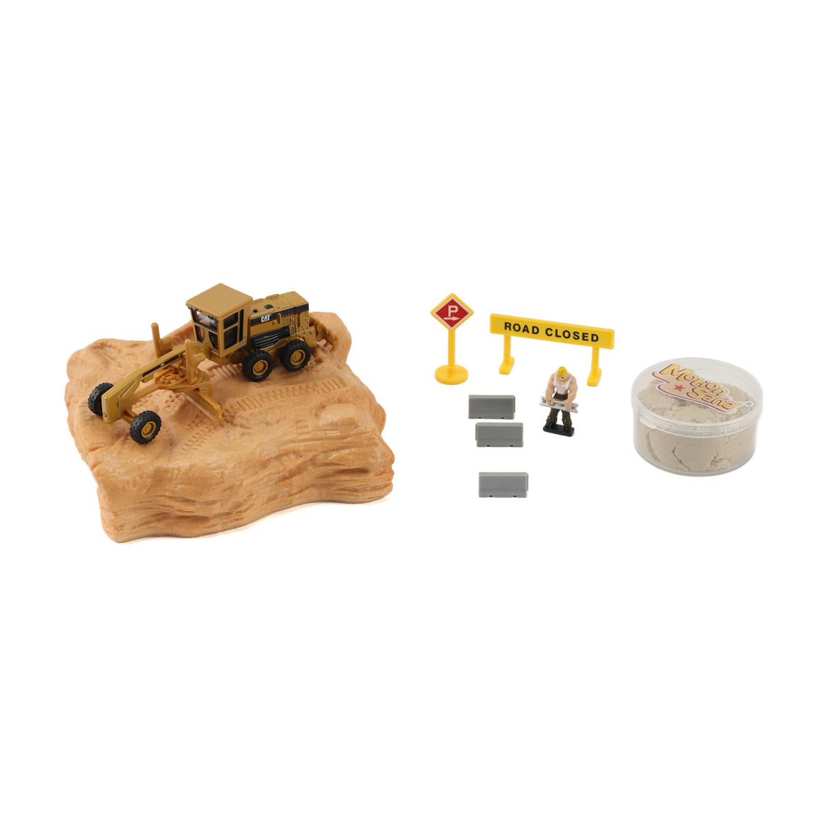 Model construction site with toy road grader, road closed sign, and worker figure on a white background