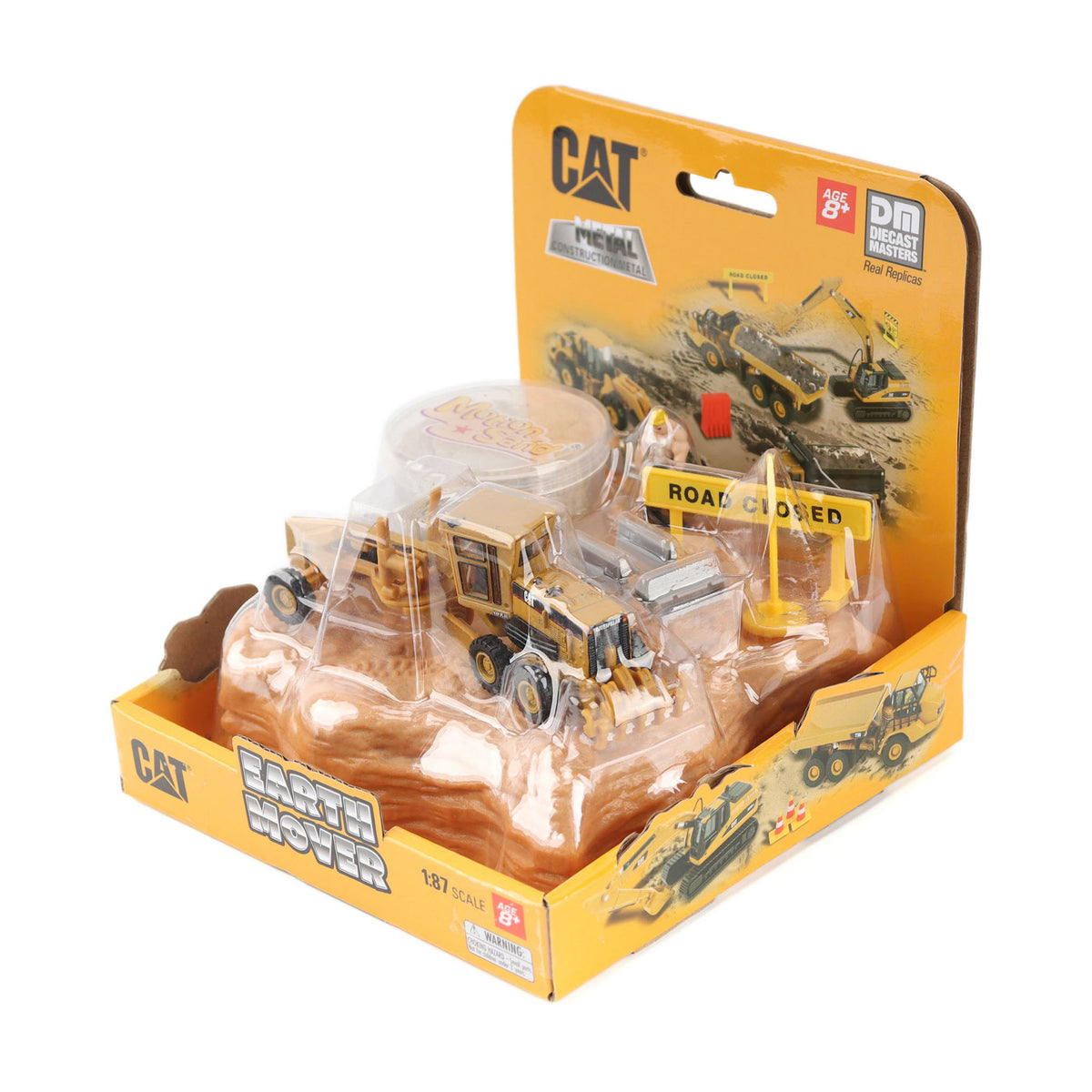 CAT Earth Mover toy set in its original yellow and orange retail packaging, featuring a CAT yellowed-colored road grader and a small yellow road closed sign.