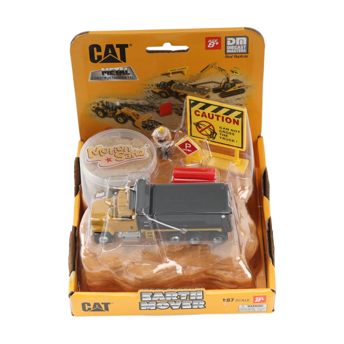 CAT Earth Mover toy set in its original retail packaging, featuring a 1:87 scale metal model truck, and accessories on a white background.