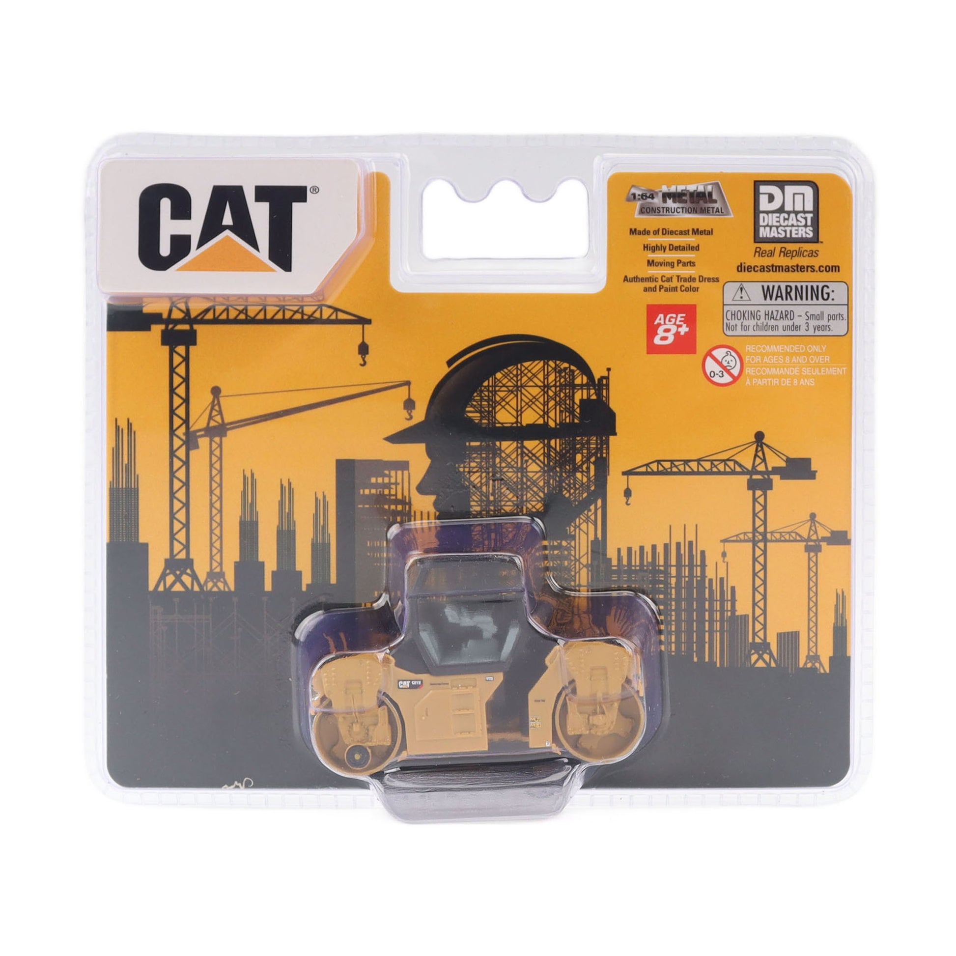 CAT brand toy construction vehicle in blister packaging with a yellow and black printed backing card showing cranes and a construction site graphic.