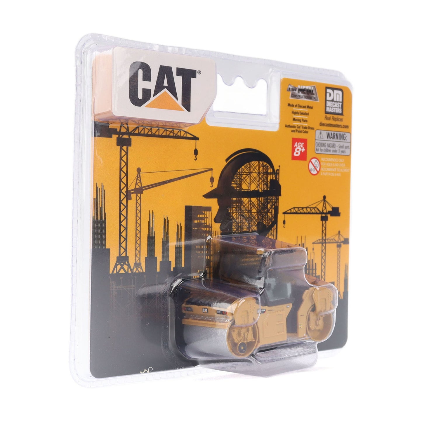 CAT brand toy construction vehicle in blister packaging with a yellow and black printed backing card showing cranes and a construction site graphic.