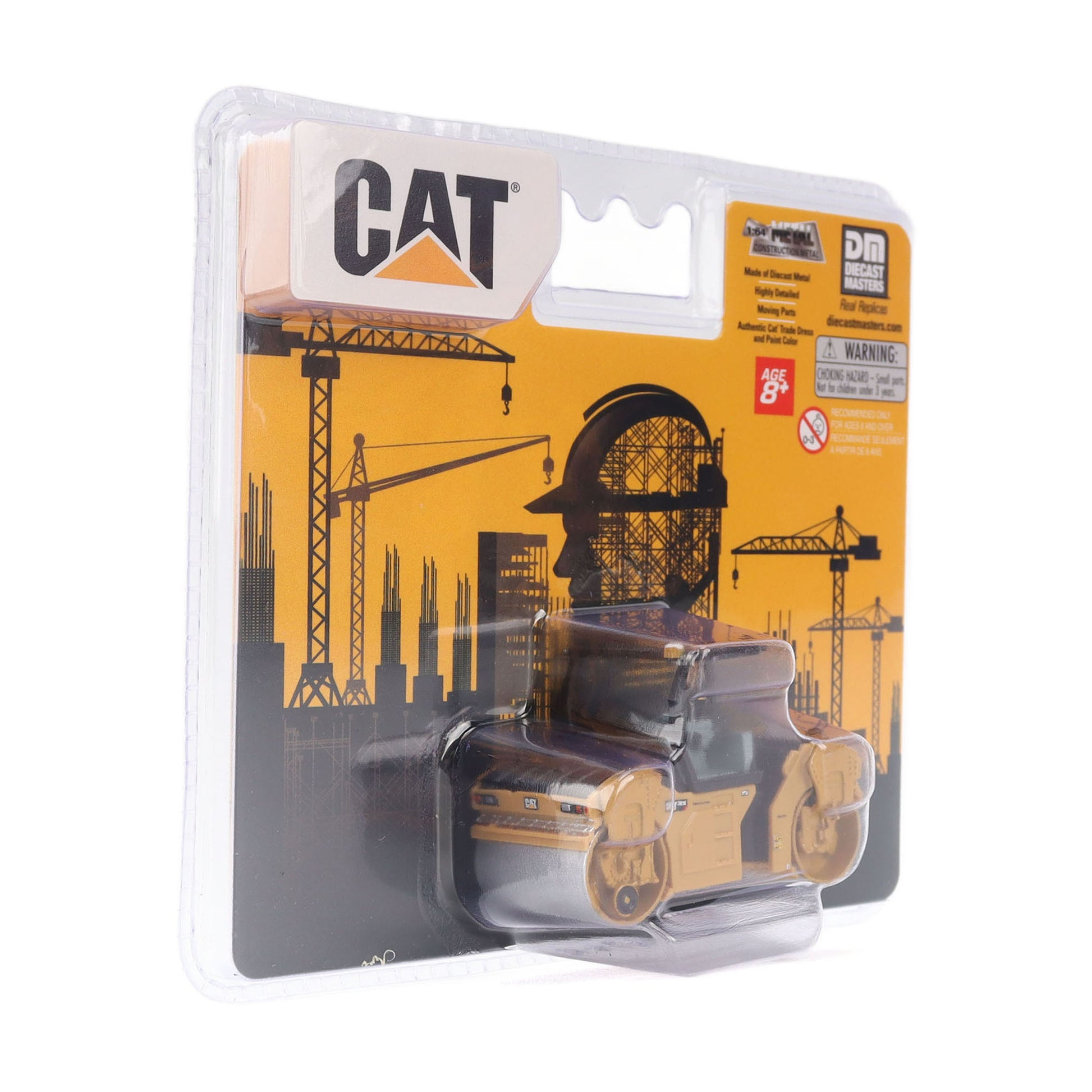 CAT brand toy construction vehicle in blister packaging with a yellow and black printed backing card showing cranes and a construction site graphic.
