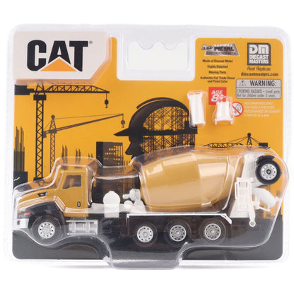 CAT toy cement mixer truck in its original blister packaging, featuring a yellow and black truck body with a tan rotating drum and white accessories.