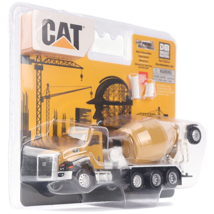 CAT brand toy cement mixer truck in its original blister packaging, featuring a yellow and white truck with a tan rotating drum and a yellow construction-themed backing card.
