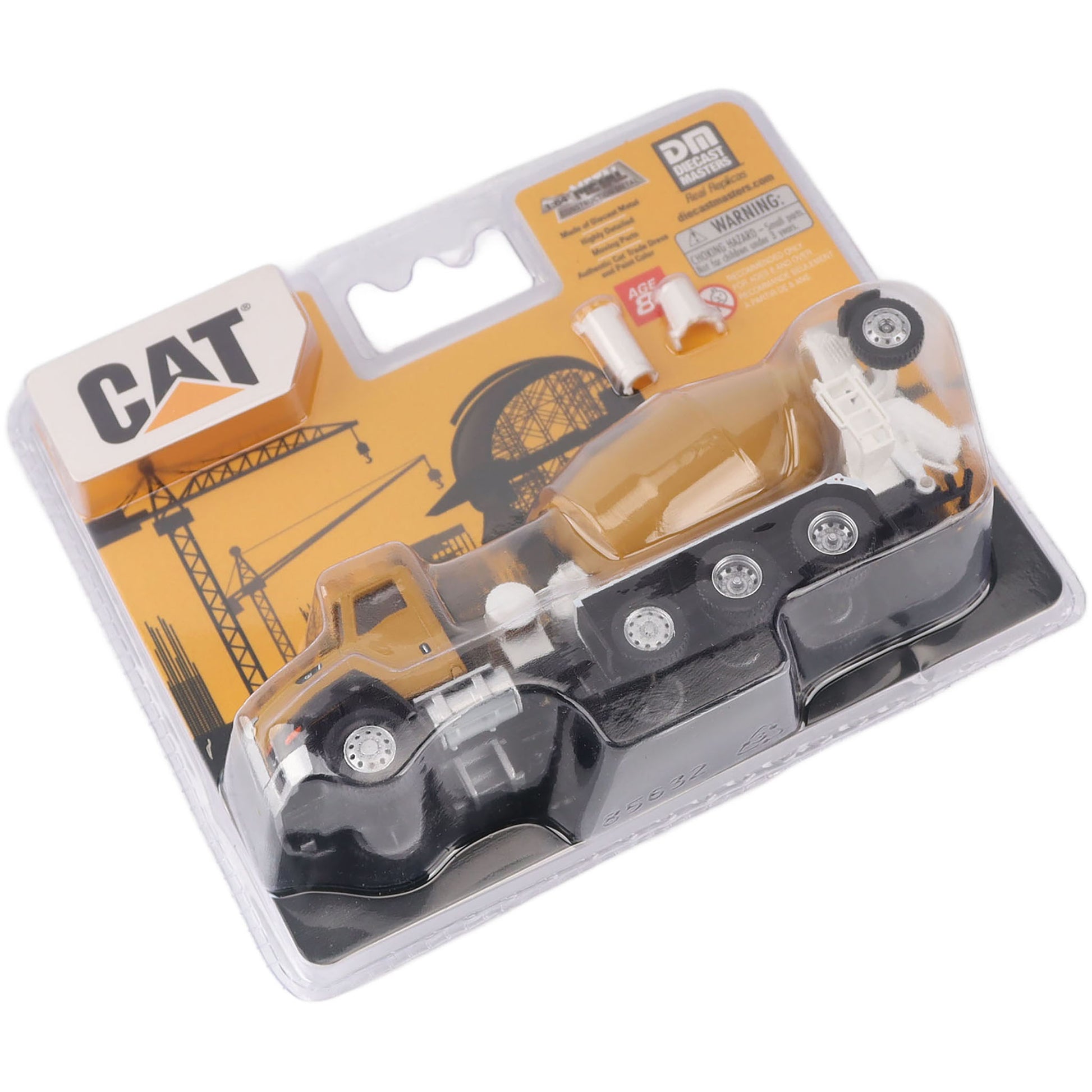 CAT brand toy construction truck in its original blister packaging, featuring a yellow and black die-cast model with a concrete mixer.