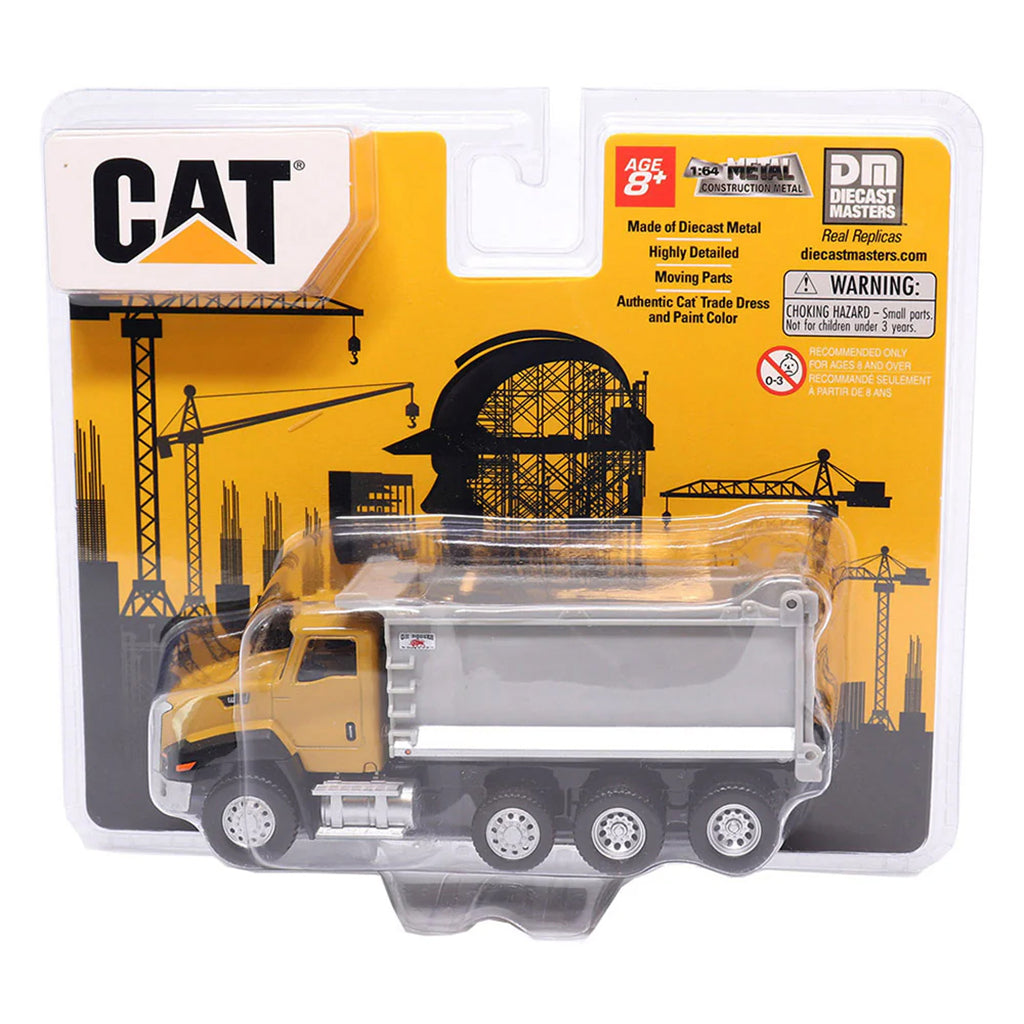 Toy dump truck in packaging with CAT branding on a white background