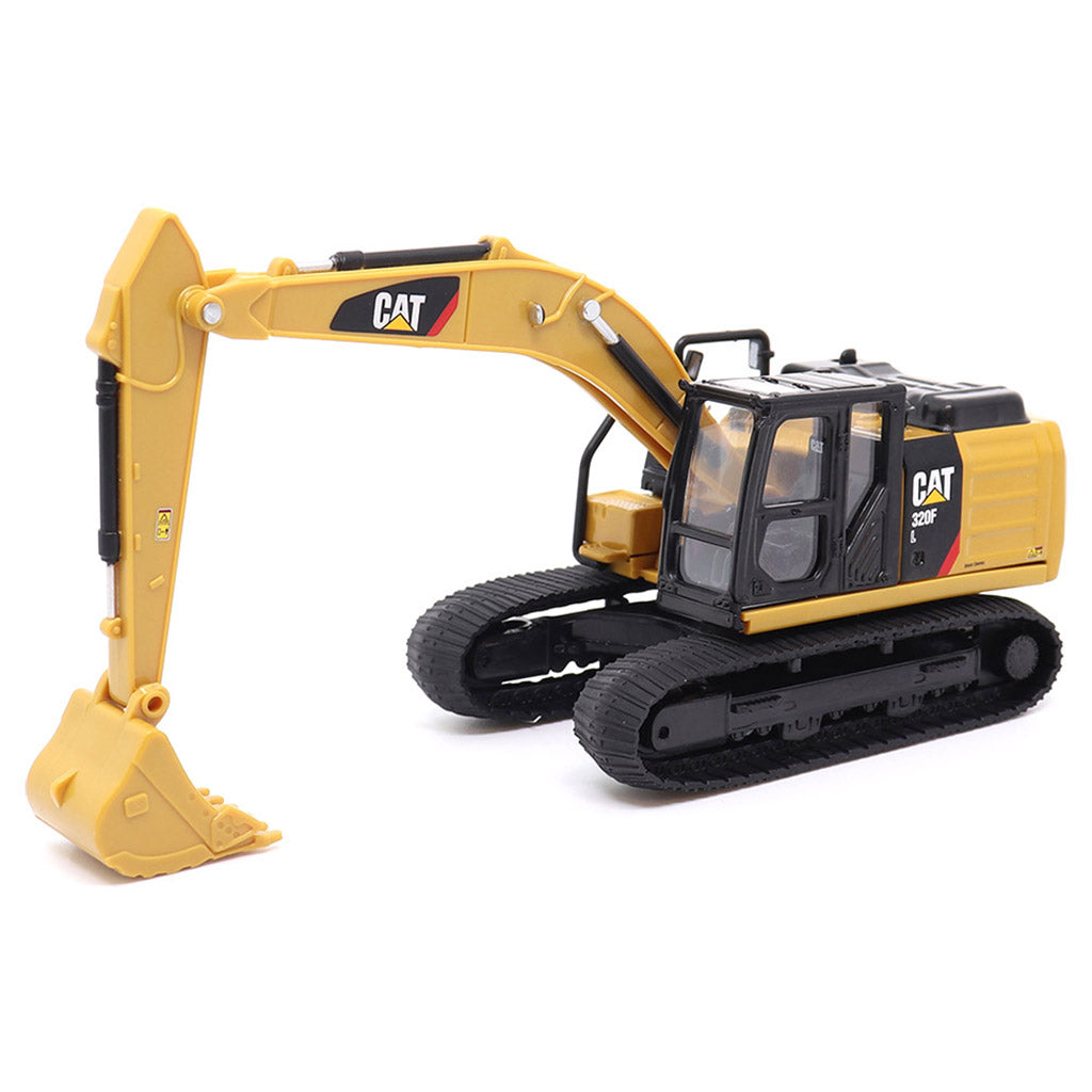 CAT 320F toy excavator in yellow and black, shown from a three-quarters angle on a clean white background.
