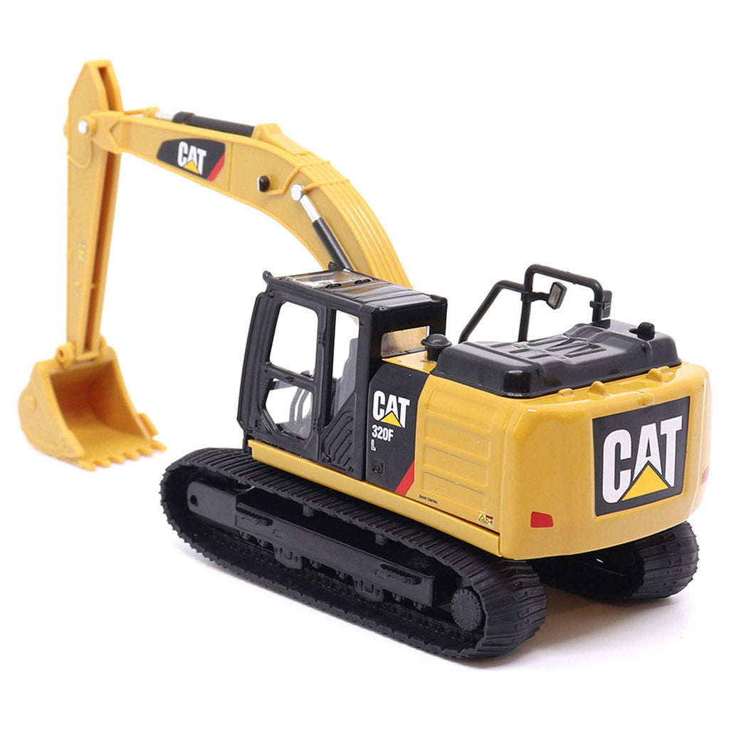 Toy excavator with CAT branding on a white background