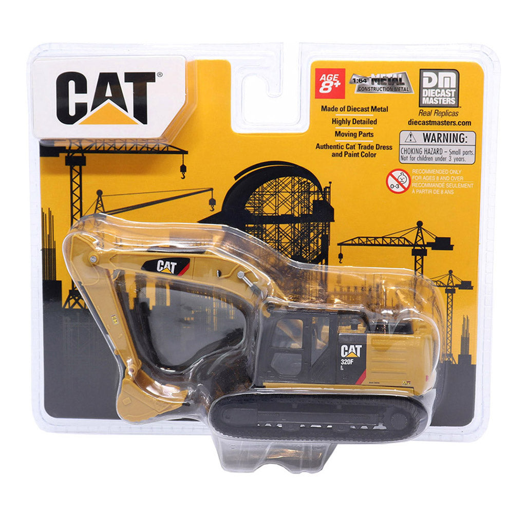 CAT toy excavator in its original blister packaging, featuring a yellow and black die-cast metal construction vehicle with a clear plastic shell.
