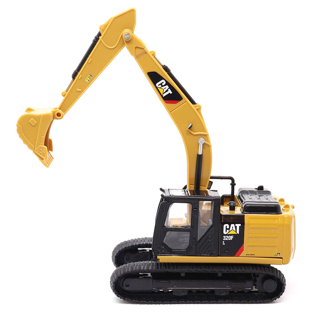 Yellow toy excavator with 'Cat' branding on a white background