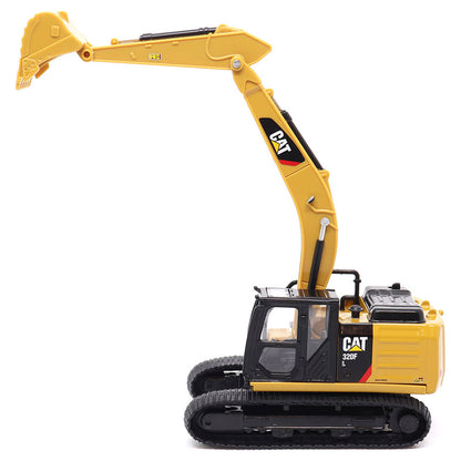 Yellow toy excavator with 'Cat' branding on a white background
