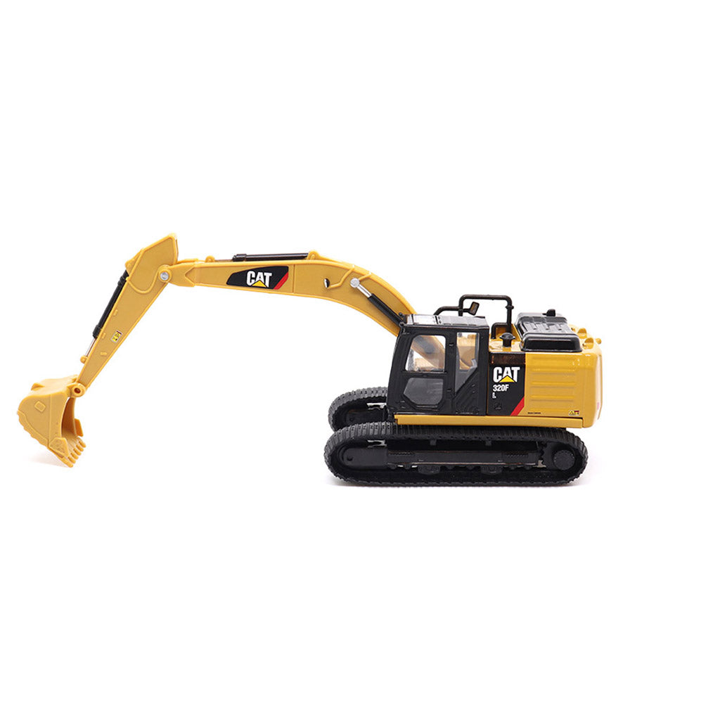 A yellow and black CAT toy excavator with a detailed bucket and tracks, shown from a side profile on a clean white background.