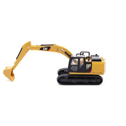 A yellow and black CAT toy excavator with a detailed bucket and tracks, shown from a side profile on a clean white background.