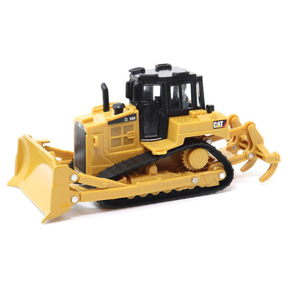 Toy bulldozer with black and yellow colors on a white background