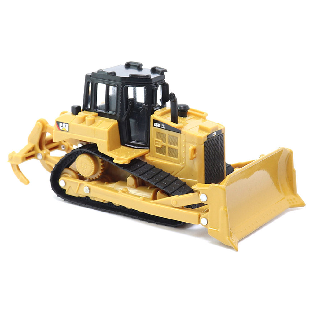 A yellow and black toy bulldozer with a detailed cab, tracks, and front blade, photographed on a clean white background.