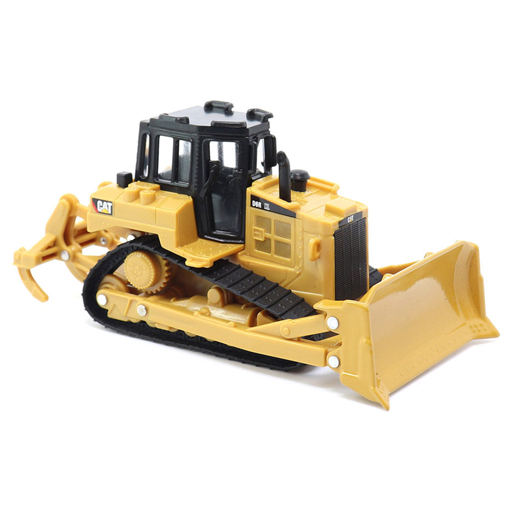 Yellow toy bulldozer on a white background