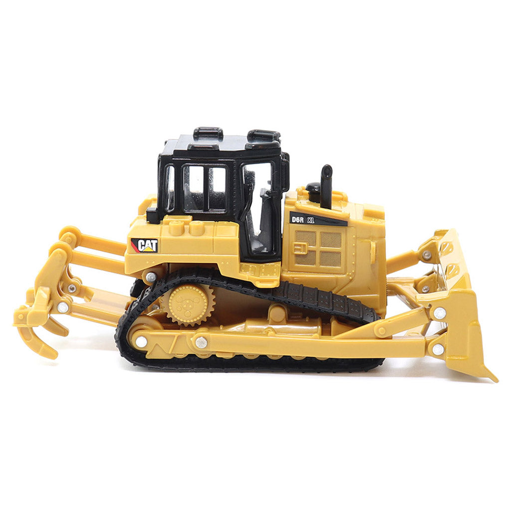 A yellow and black CAT toy bulldozer with a front blade and tracks, photographed on a clean white background.
