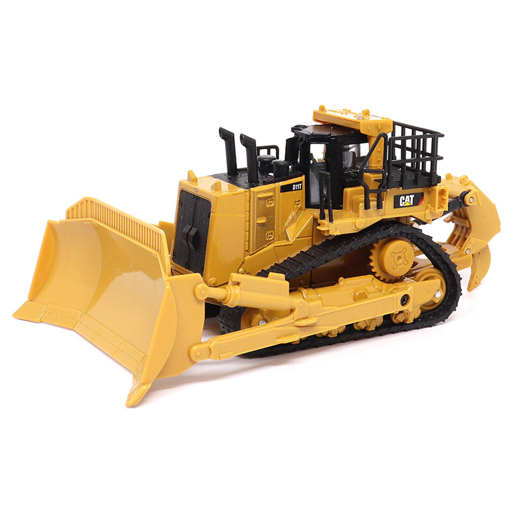 1:64th Scale Model of a Yellow and Black Caterpillar D11T Bulldozer with Rear Ripper on a White Background